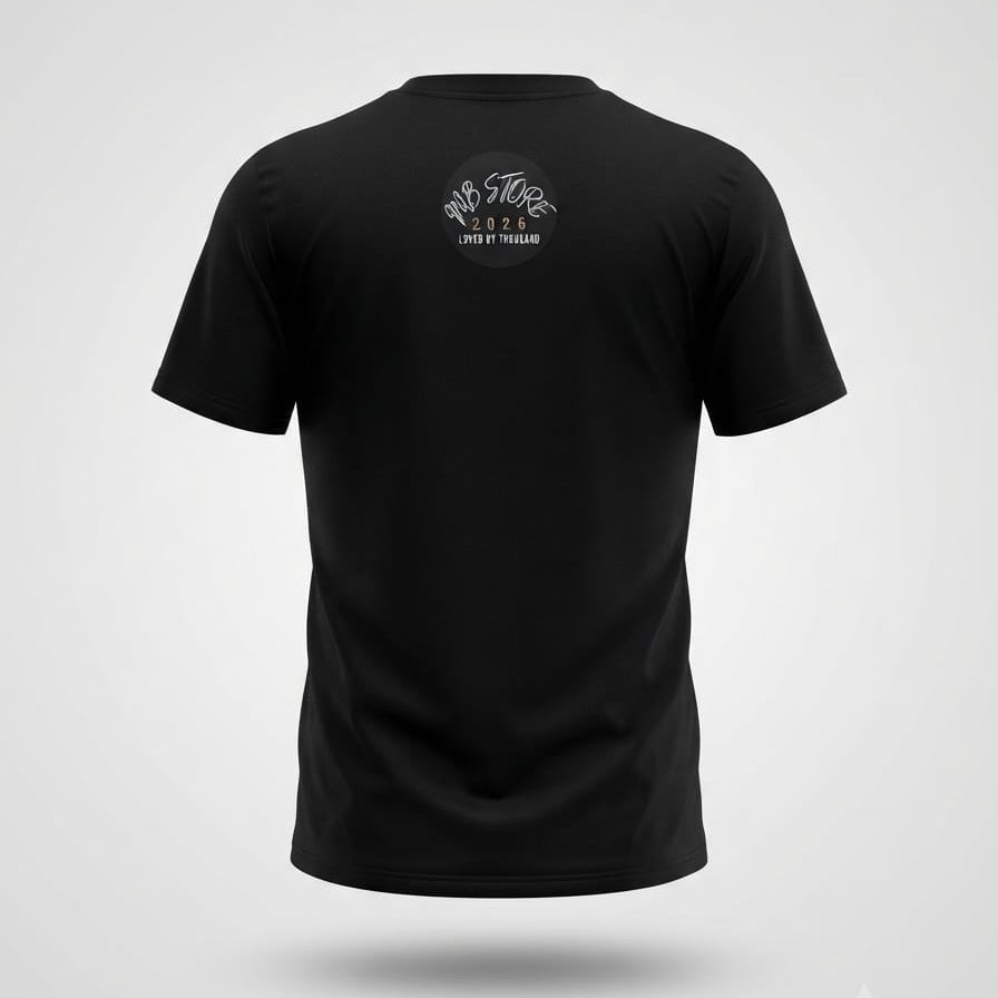 Black short-sleeve crewneck t-shirt with colorful anime character graphic print on front and small logo on upper chest