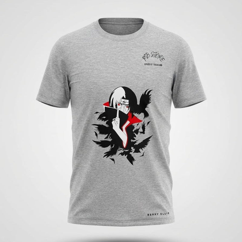 Grey short-sleeve t-shirt with graphic print of an anime-style character with black and white hair, red accents, and crow illustrations