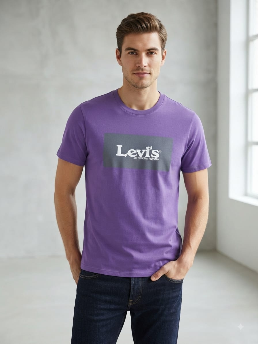 A man wearing a purple short-sleeve crewneck t-shirt, shown from the back, paired with dark blue jeans in a studio setting with a textured gray wall and softbox lights.