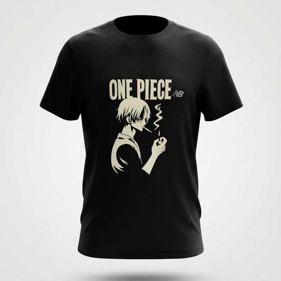 Black short-sleeve crewneck t-shirt with beige anime-style graphic print of a character smoking