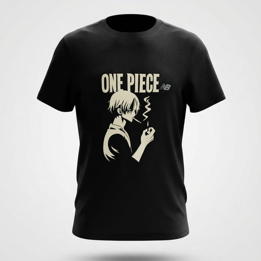 Black short-sleeve crewneck t-shirt with beige anime-style graphic print of a character smoking