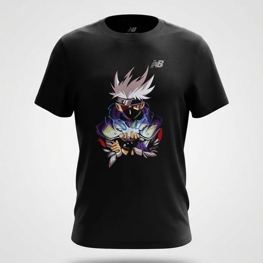 Black short-sleeve crewneck t-shirt with colorful anime character graphic print on front and small logo on upper chest