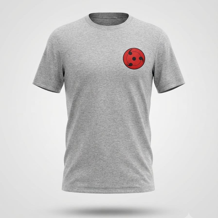 Grey t-shirt with anime character action graphic print on back, holding a sword