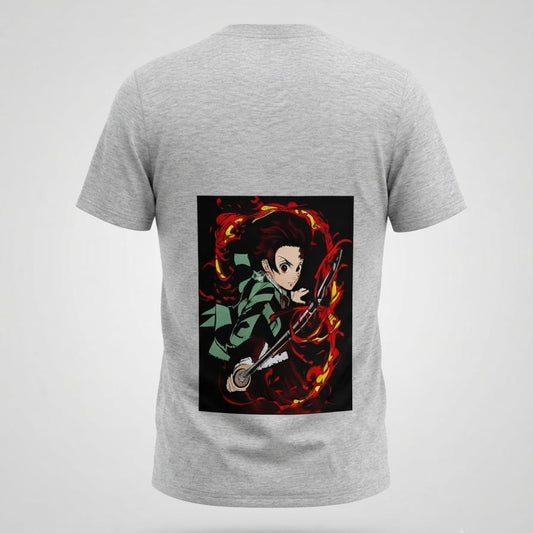 Grey t-shirt with anime character action graphic print on back, holding a sword