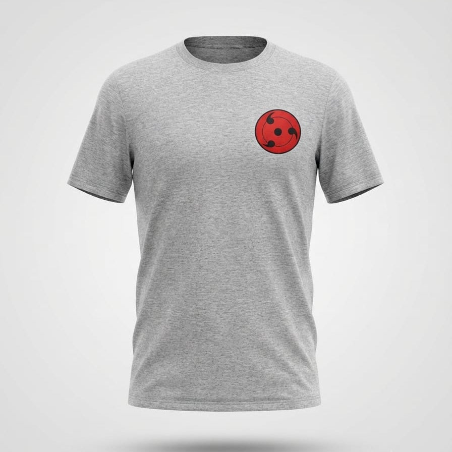 Grey t-shirt with small red symbol on front and anime character graphic print on back