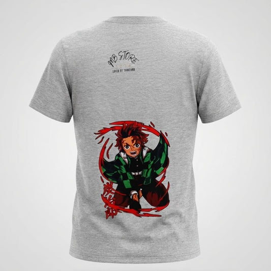  Grey t-shirt with small red symbol on front and anime character graphic print on back