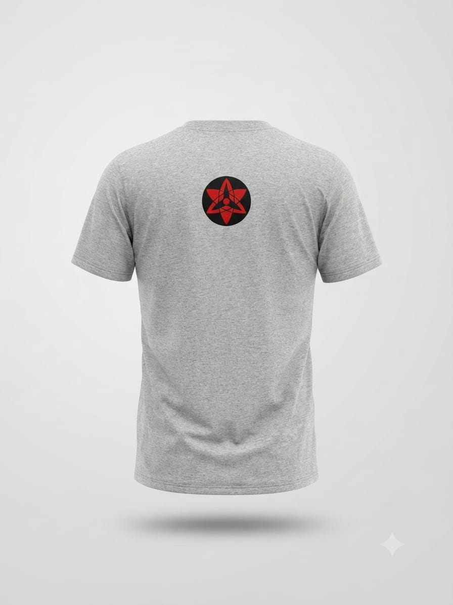 Grey short-sleeve t-shirt with graphic print of an anime-style character with black and white hair, red accents, and crow illustrations