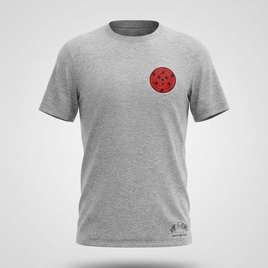 Light gray heather crewneck t-shirt with a small red graphic on the left chest