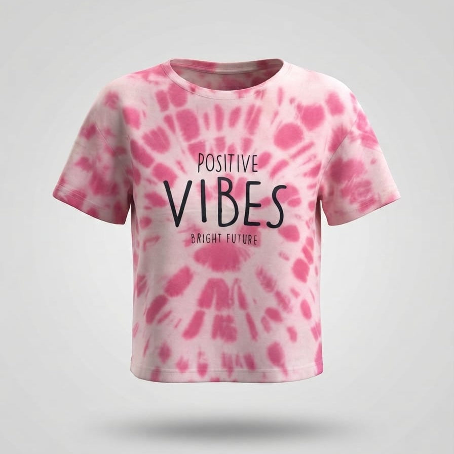 Kids tie-dye crop top with pink, yellow, and blue pattern, printed text "Dreaming of the Weekend Since Monday"
