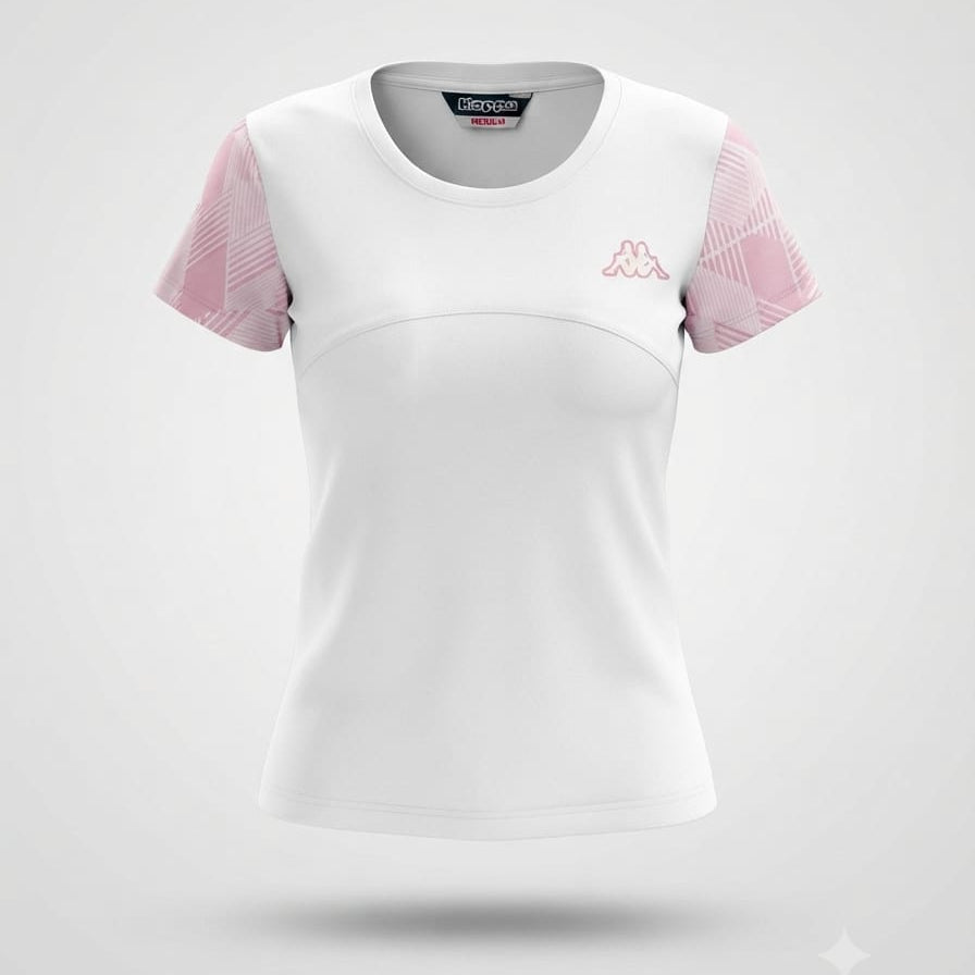 Kids white short-sleeve sports t-shirt with pink patterned sleeves and small chest logo