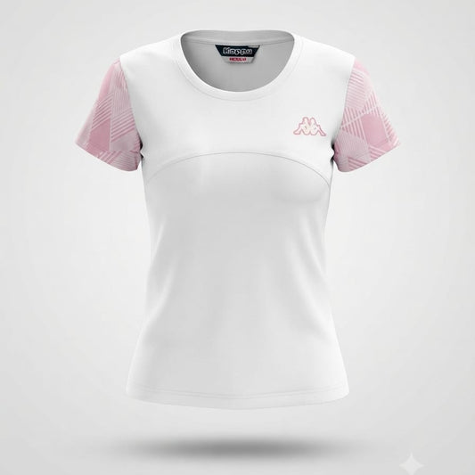 Kids white short-sleeve sports t-shirt with pink patterned sleeves and small chest logo