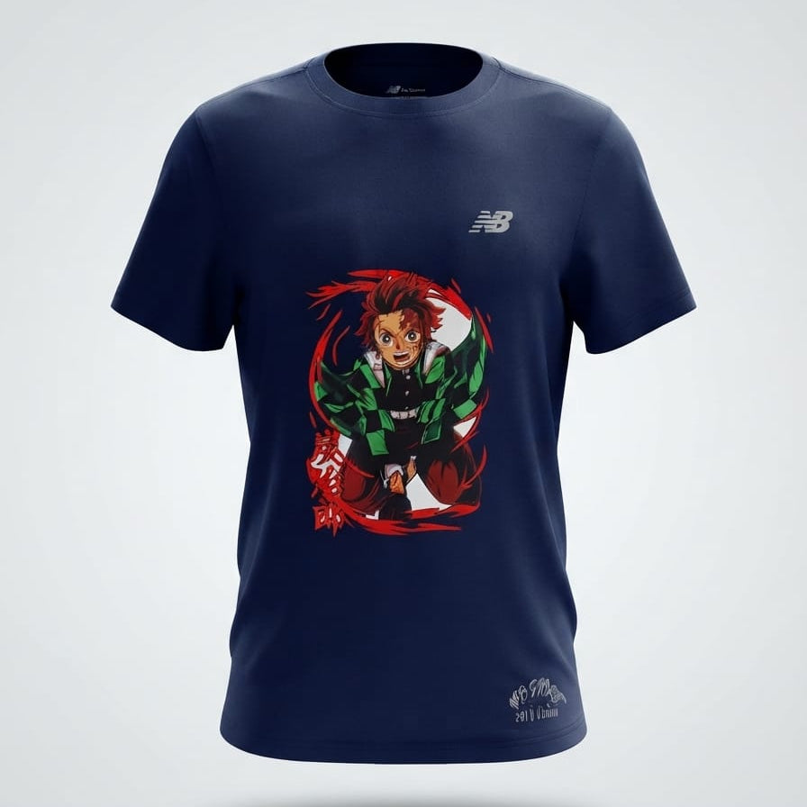 Navy blue short-sleeve t-shirt with colorful anime character graphic print on front, small logo on chest