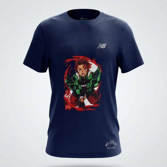 Navy blue short-sleeve t-shirt with colorful anime character graphic print on front, small logo on chest