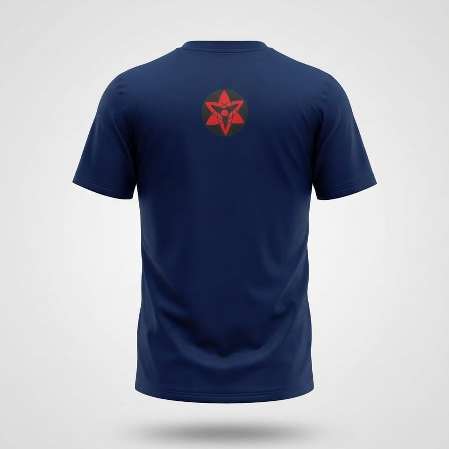 Navy blue short-sleeve t-shirt with colorful anime character graphic print on front, small logo on chest