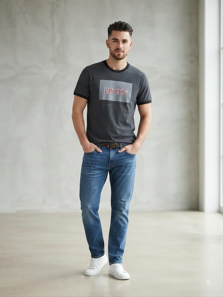 Man wearing a dark gray graphic t-shirt with a classic red and white logo box on the chest, paired with blue jeans and white sneakers, standing in a minimalist studio with a concrete-textured wall.
